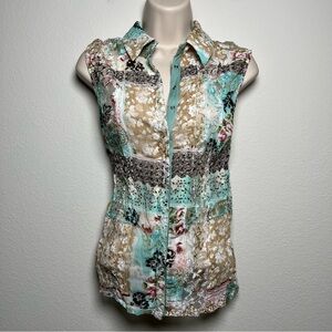 VTG‎ 90s Agora Women Fairy Patchwork Sheer Mesh Top Small Green Floral Western